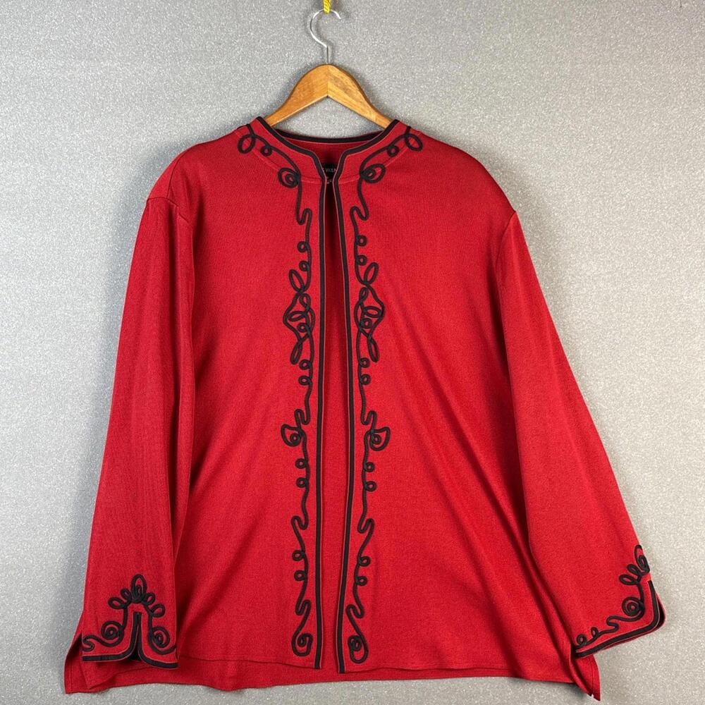 Ming Wang Red Embroidered Open-Front Sweater with Black Trim